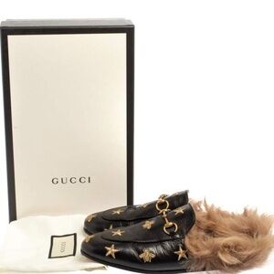 Gucci Women's Black Princetown Bee And Star Embroidered Fur Lined Loafers